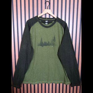 REI T Shirt Large Mens Green Long Sleeve Wood Art Raglan Sleeve Cotton Stretch